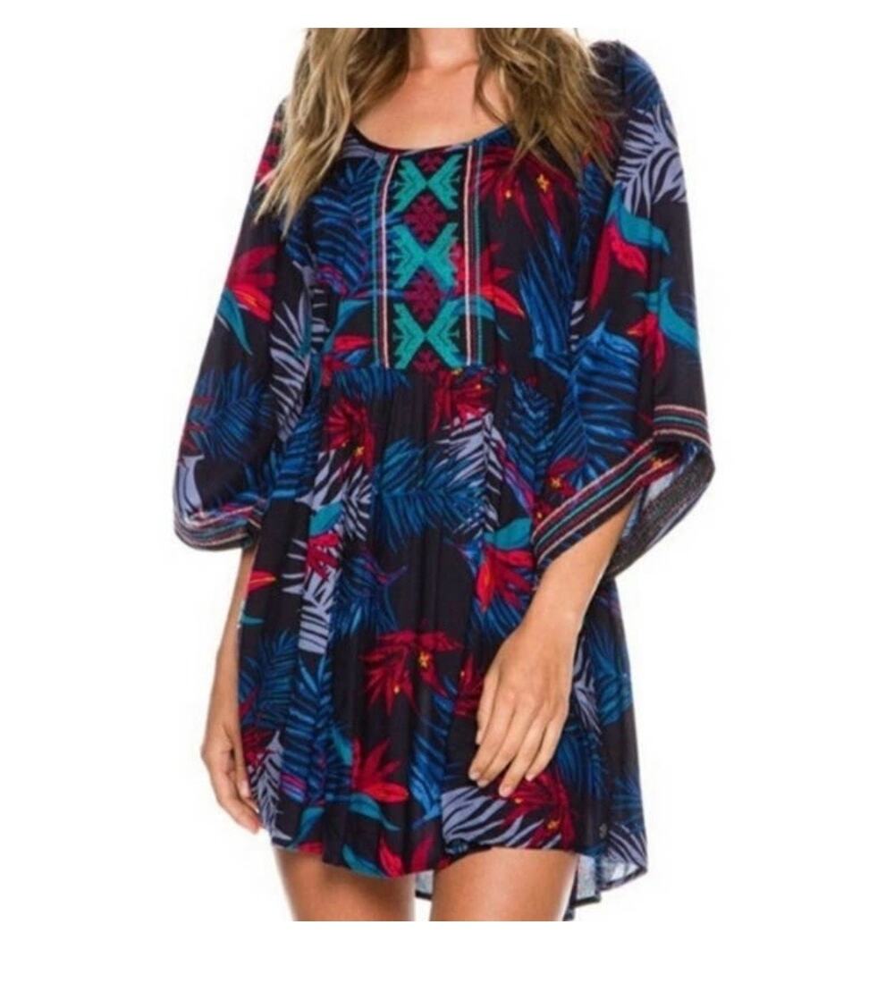 Roxy Mini Dress Size M Bird of Paradise Embroidered Babydoll Kimono Sleeves